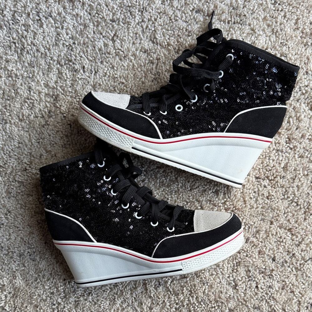 HARLEY QUINN Black Wedge Sequin Wedge High Top Sneakers Size EU 42
